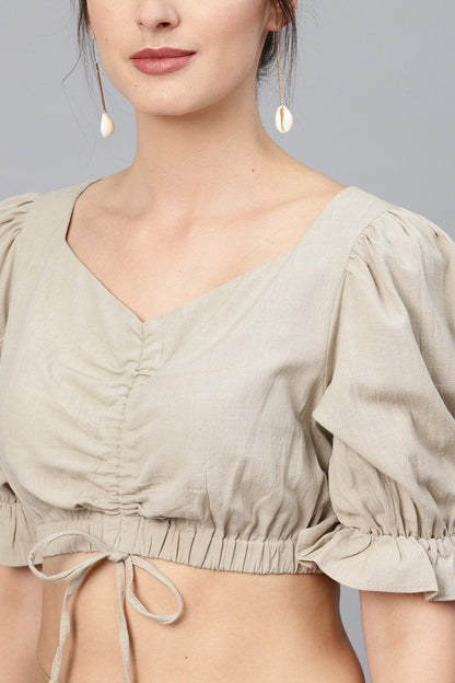 Women's Beige Rouched Crop Top