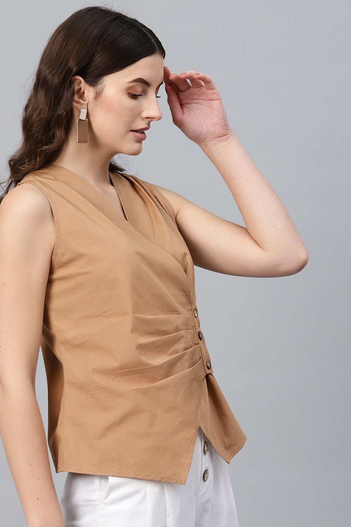 Women's Brown Sleeveless Wrap Top