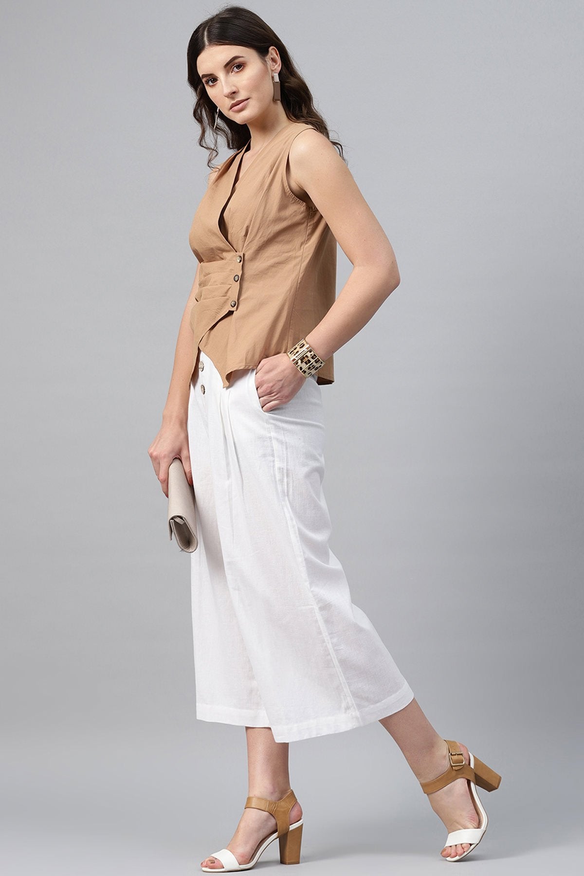Women's Brown Sleeveless Wrap Top