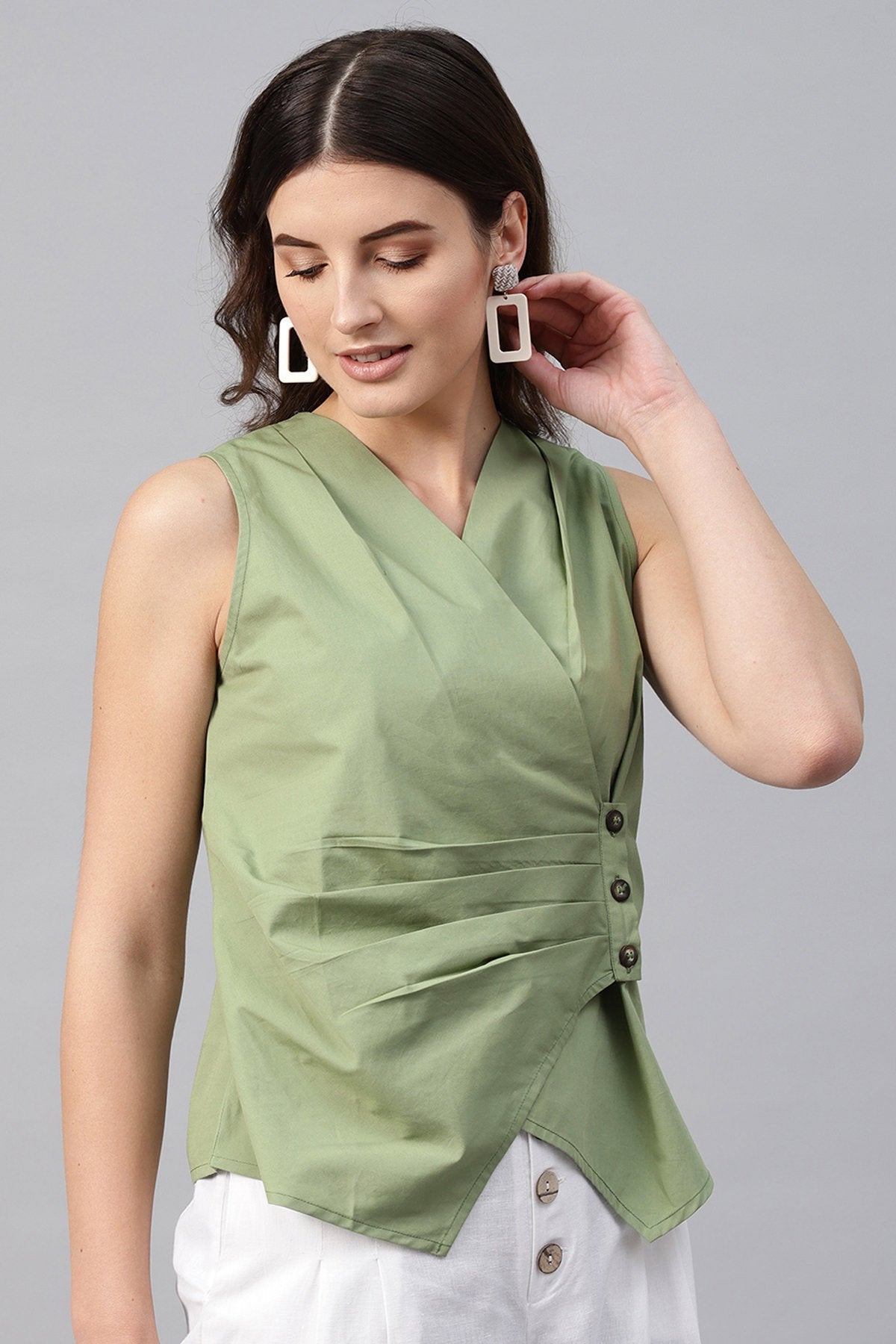 Women's Olive Sleeveless Wrap Top