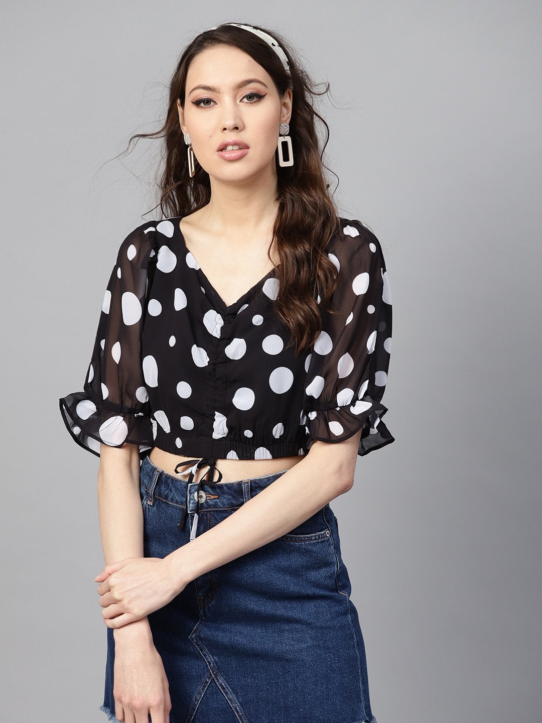 Women's Black Polka Ruched Crop Top