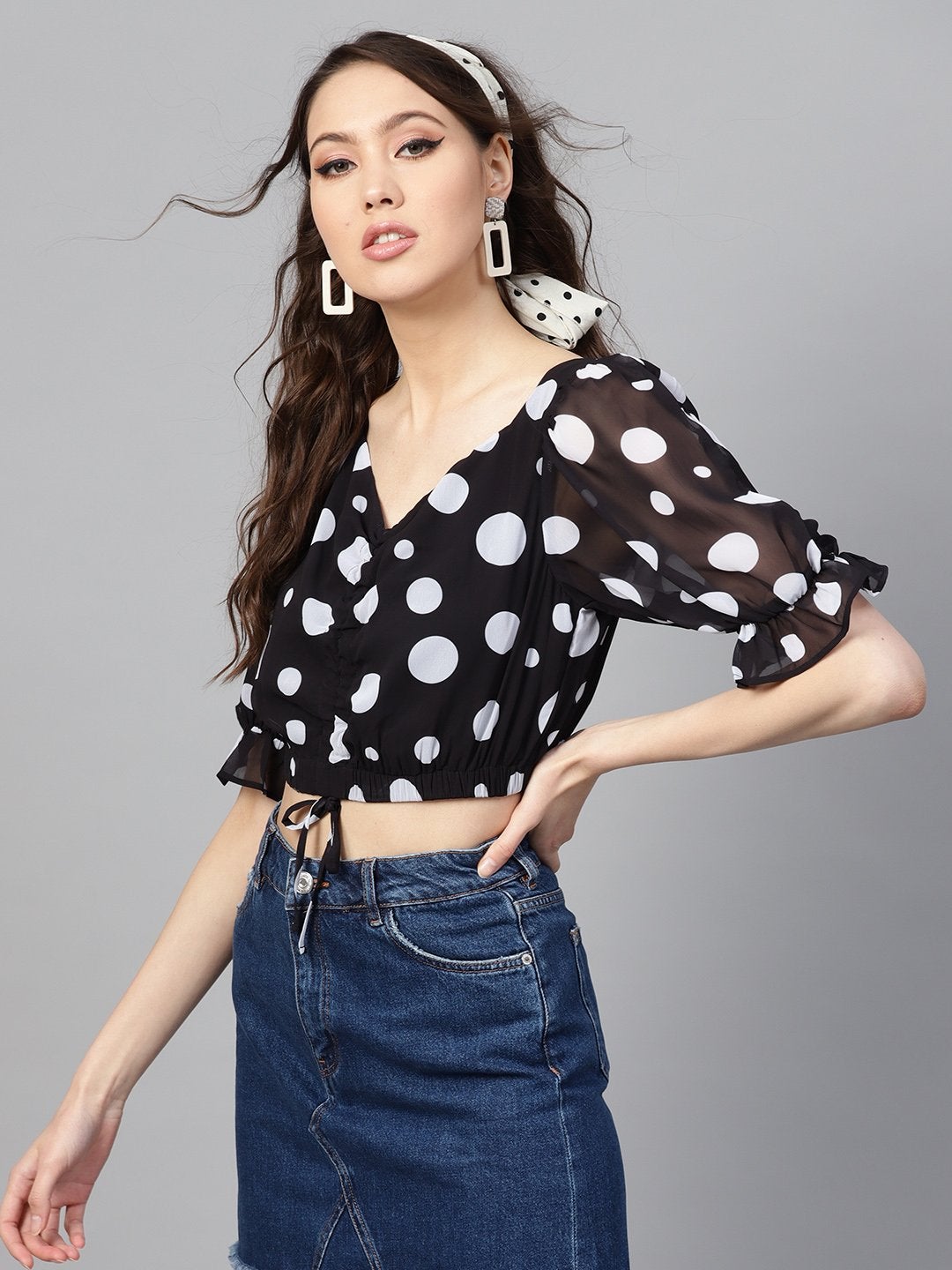 Women's Black Polka Ruched Crop Top