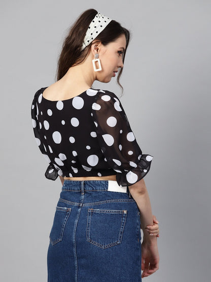 Women's Black Polka Ruched Crop Top