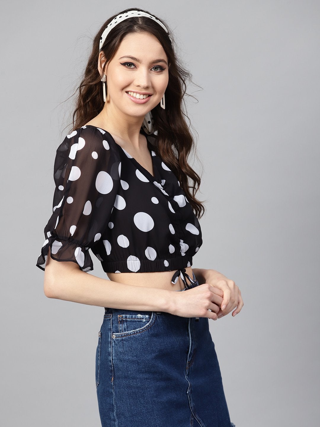 Women's Black Polka Ruched Crop Top