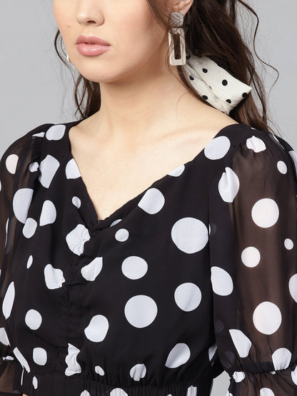 Women's Black Polka Ruched Crop Top