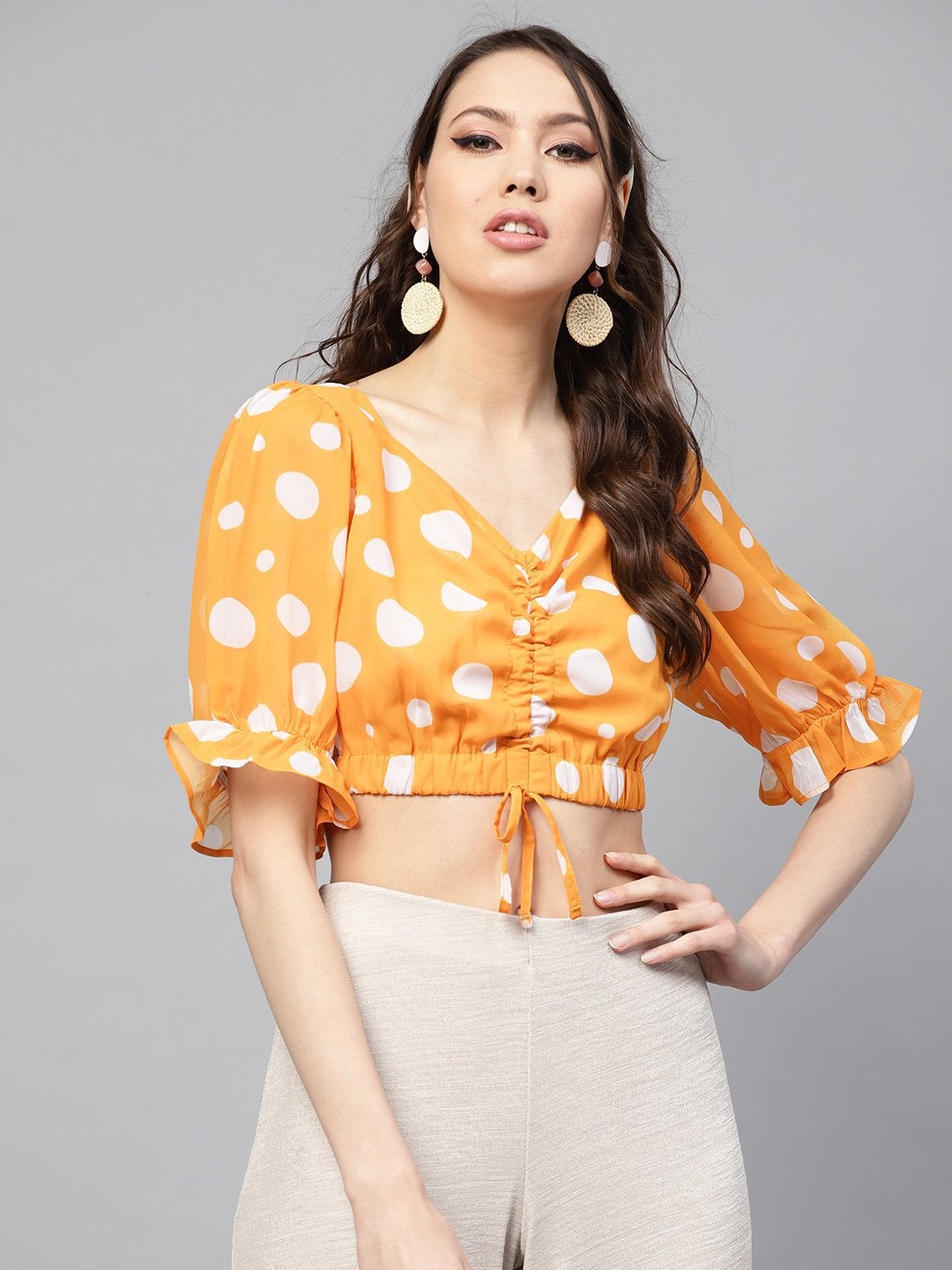 Women's Yellow Polka Ruched Crop Top