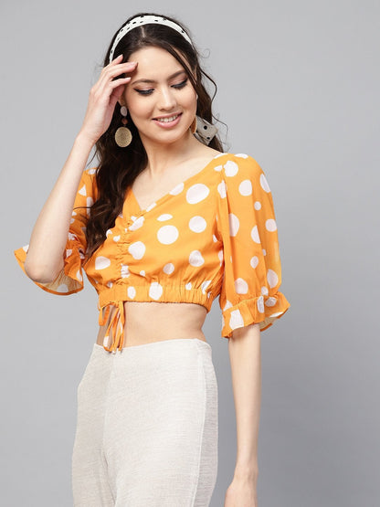 Women's Yellow Polka Ruched Crop Top