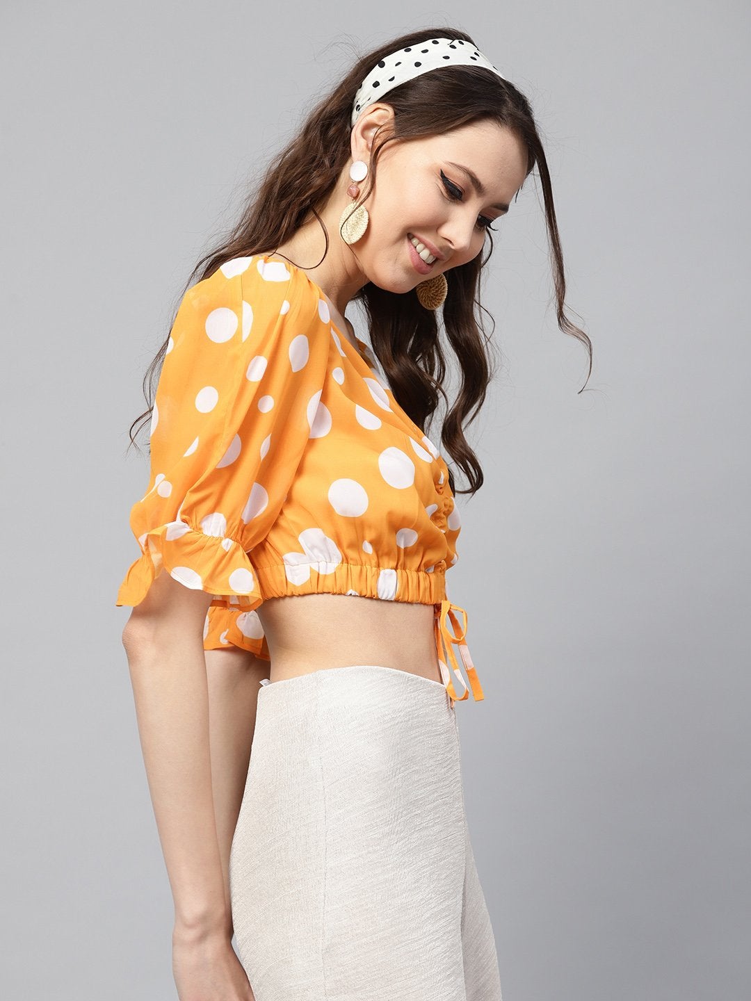 Women's Yellow Polka Ruched Crop Top