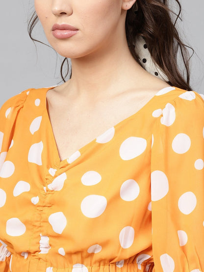 Women's Yellow Polka Ruched Crop Top