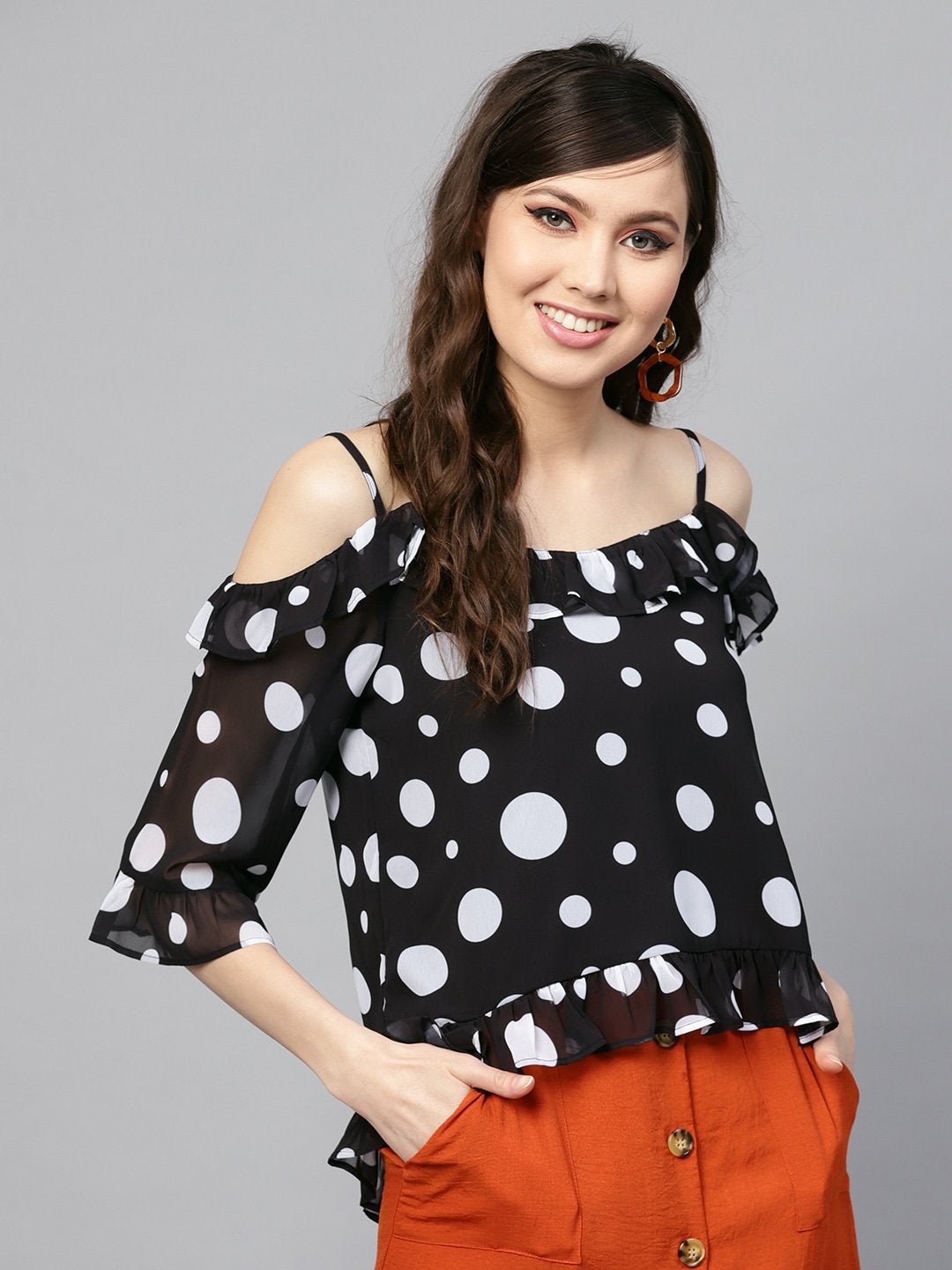 Women's Black Polka Cold Shoulder Top