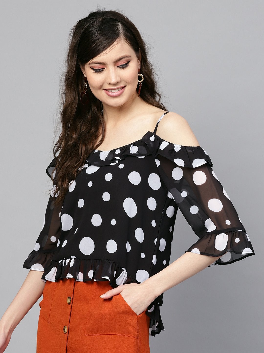 Women's Black Polka Cold Shoulder Top