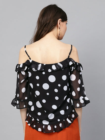 Women's Black Polka Cold Shoulder Top