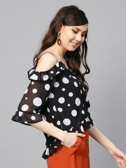 Women's Black Polka Cold Shoulder Top