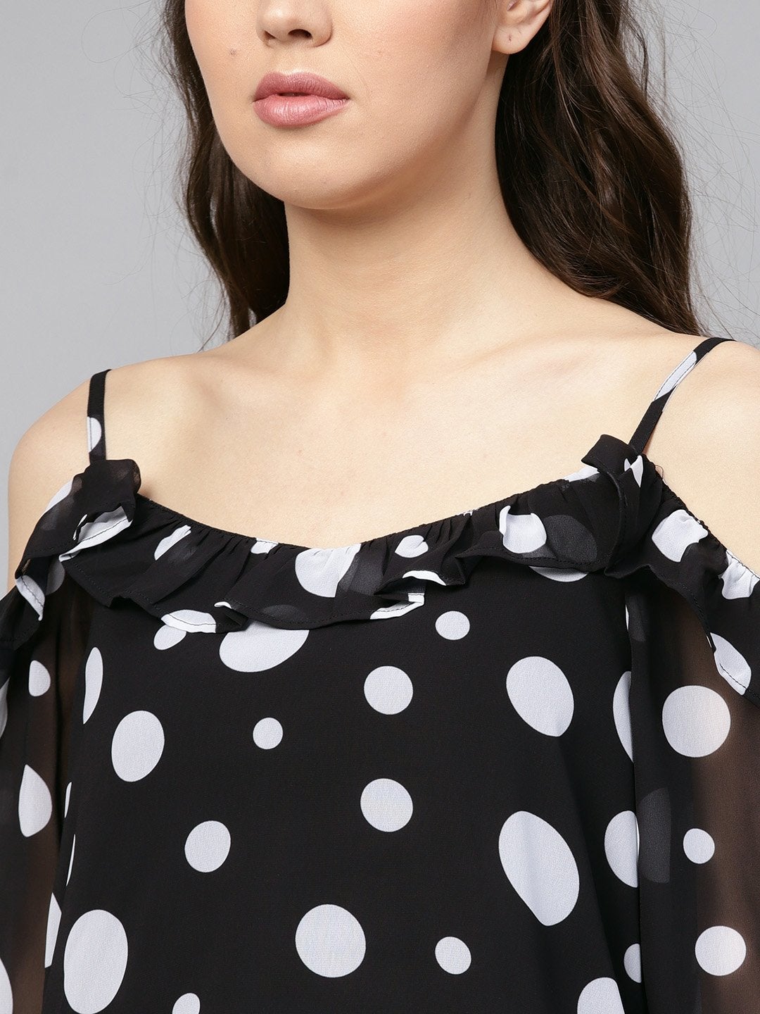 Women's Black Polka Cold Shoulder Top