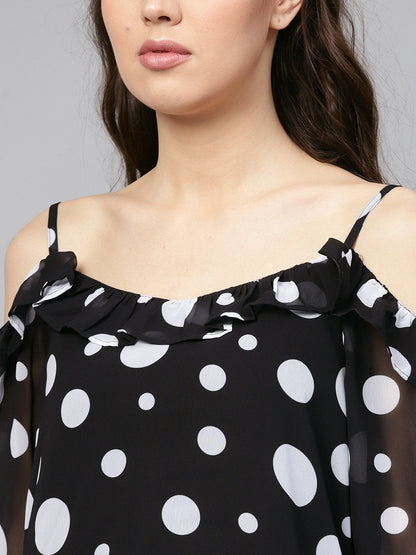 Women's Black Polka Cold Shoulder Top