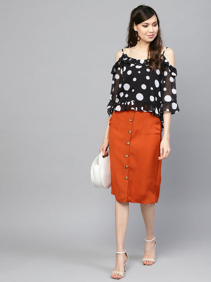 Women's Black Polka Cold Shoulder Top