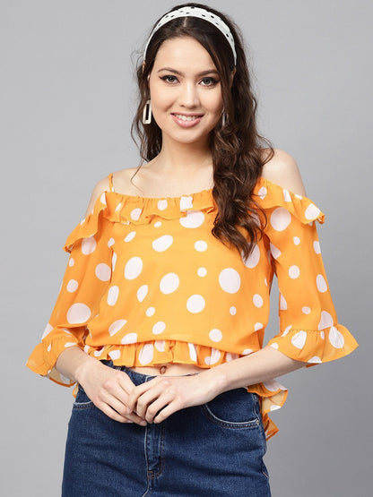 Women's Yellow Polka Cold Shoulder Top
