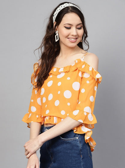 Women's Yellow Polka Cold Shoulder Top