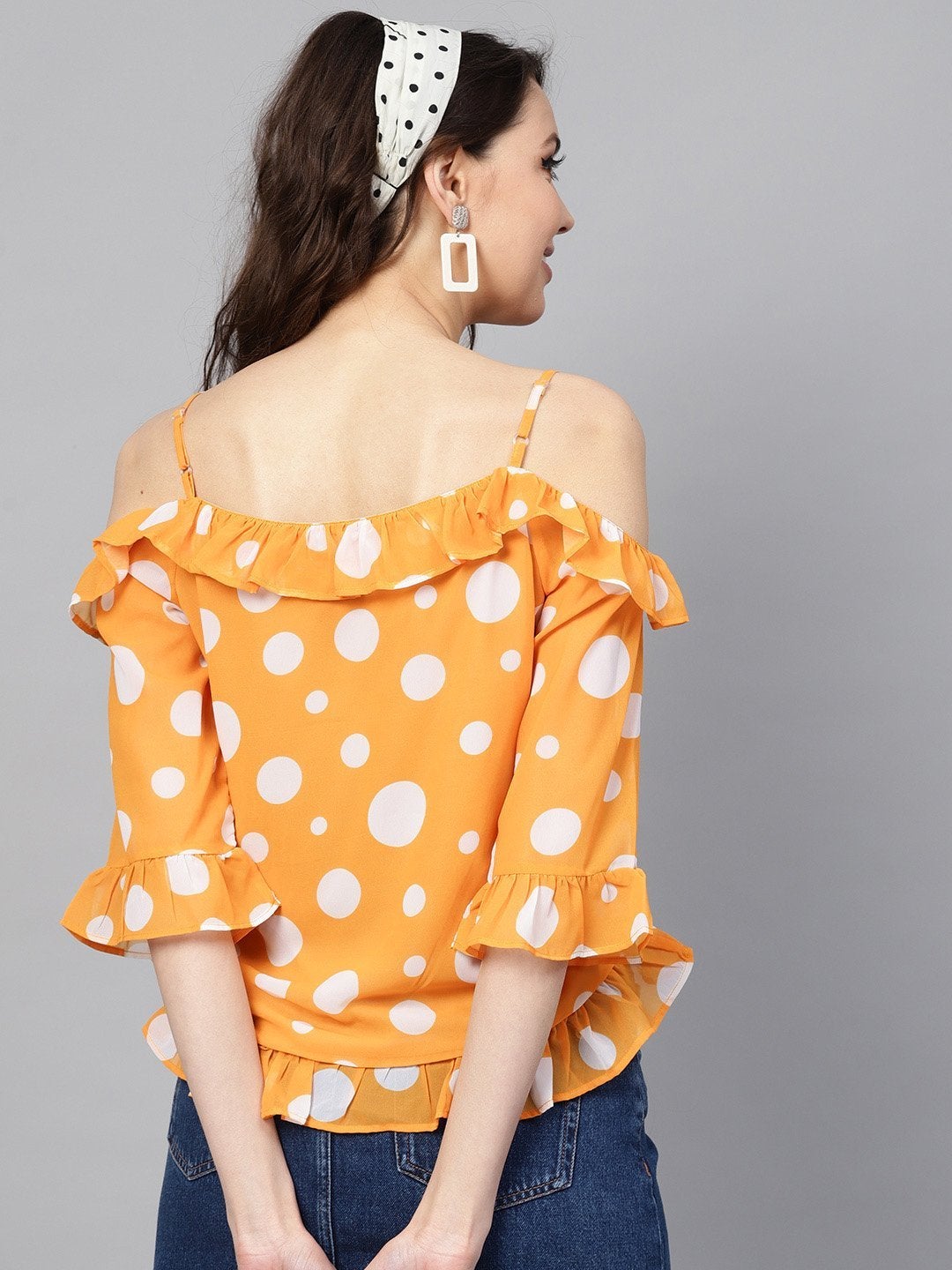Women's Yellow Polka Cold Shoulder Top
