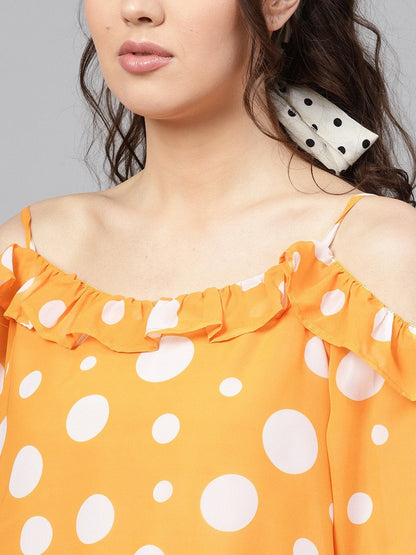 Women's Yellow Polka Cold Shoulder Top