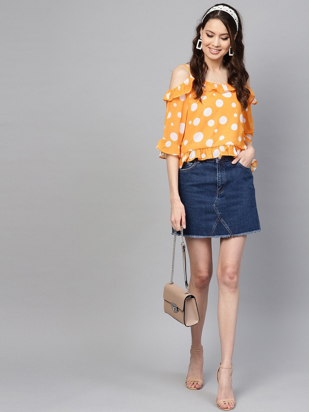 Women's Yellow Polka Cold Shoulder Top