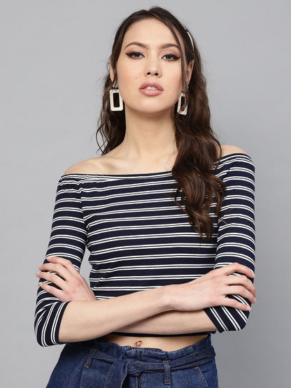 Women's Navy White Stripe Bardot Crop Top