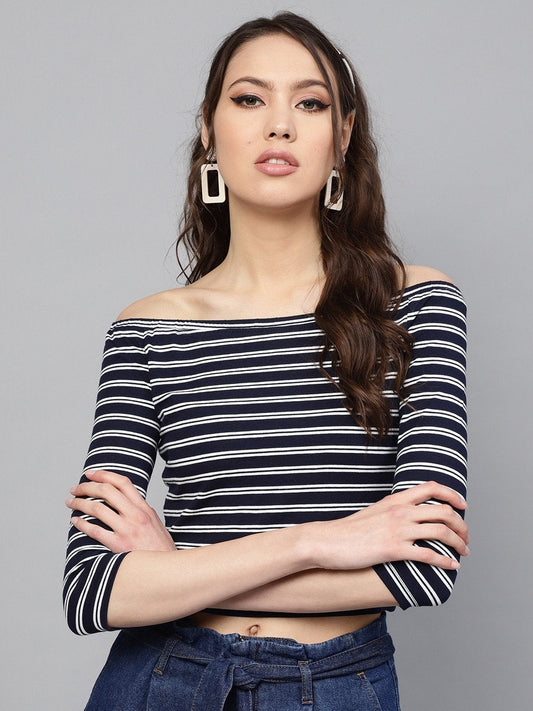 Women's Navy White Stripe Bardot Crop Top