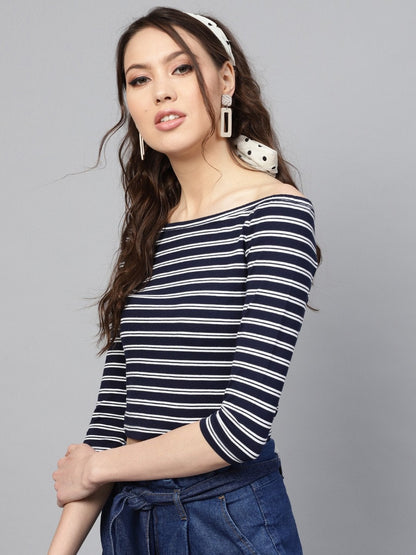 Women's Navy White Stripe Bardot Crop Top