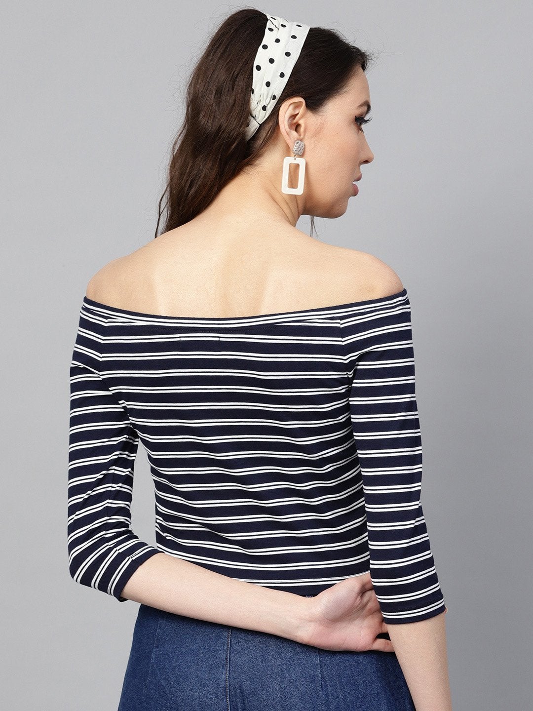 Women's Navy White Stripe Bardot Crop Top