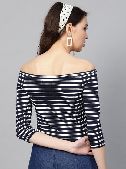Women's Navy White Stripe Bardot Crop Top