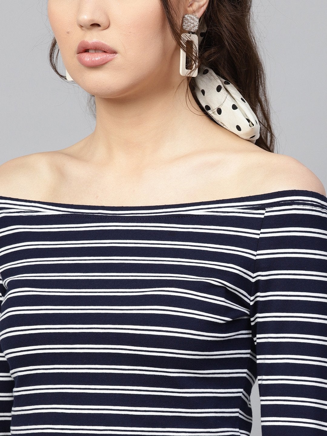Women's Navy White Stripe Bardot Crop Top