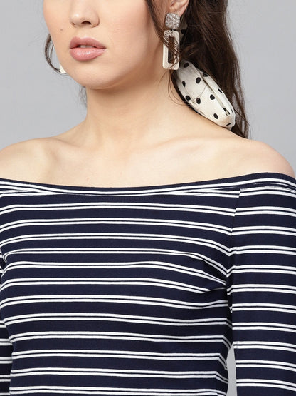 Women's Navy White Stripe Bardot Crop Top