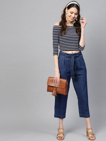 Women's Navy White Stripe Bardot Crop Top