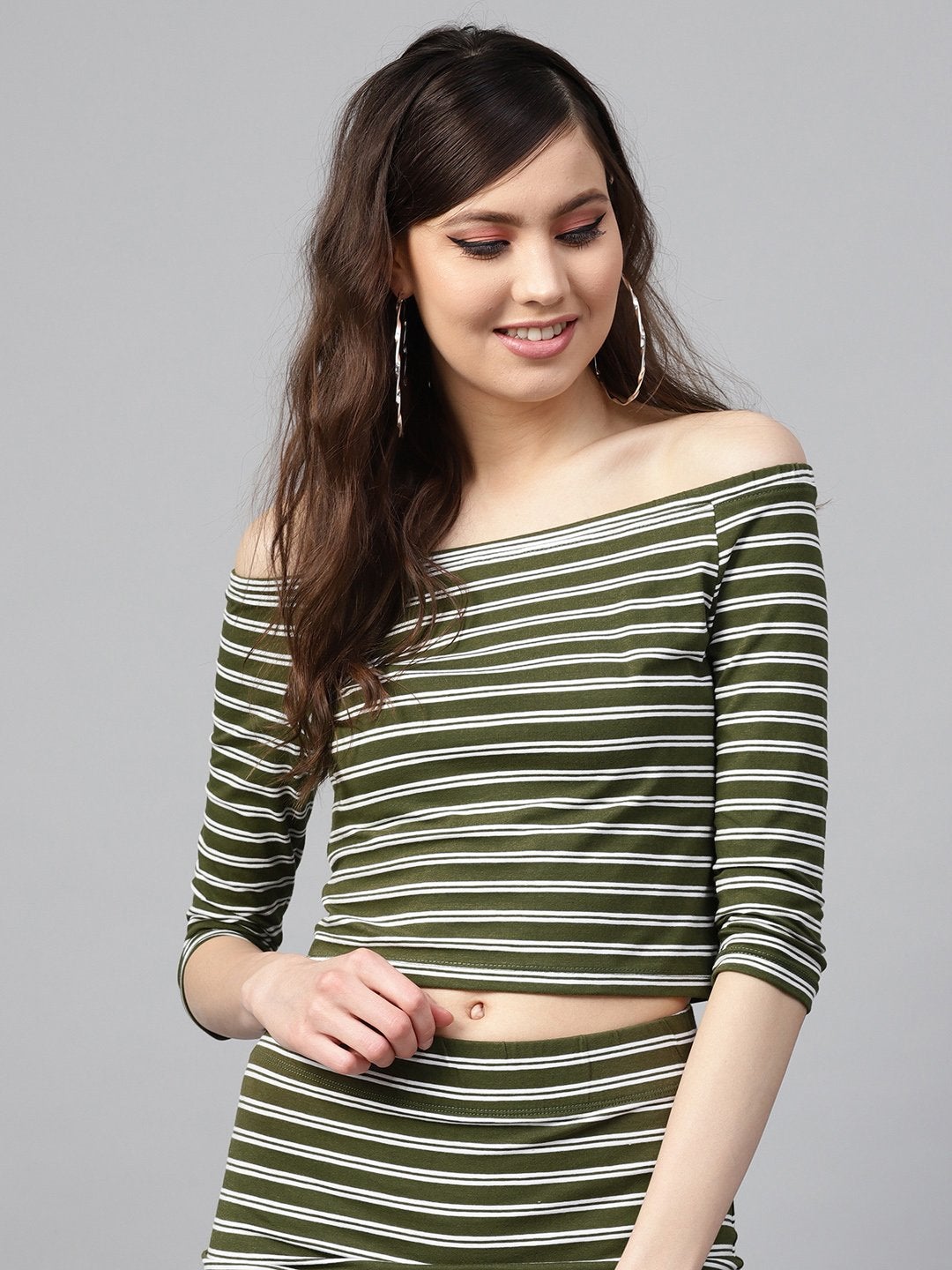 Women's Olive White Stripe Bardot Crop Top