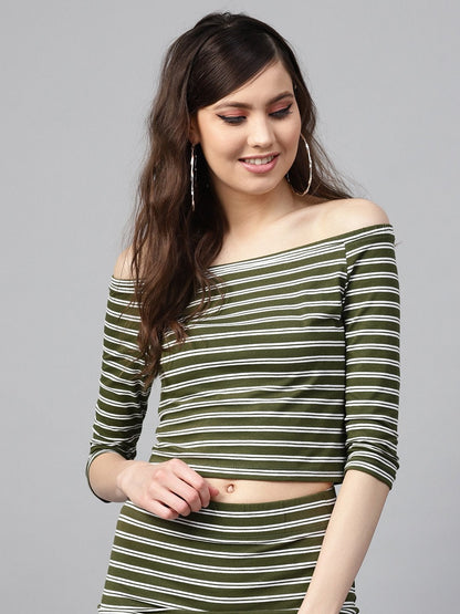 Women's Olive White Stripe Bardot Crop Top