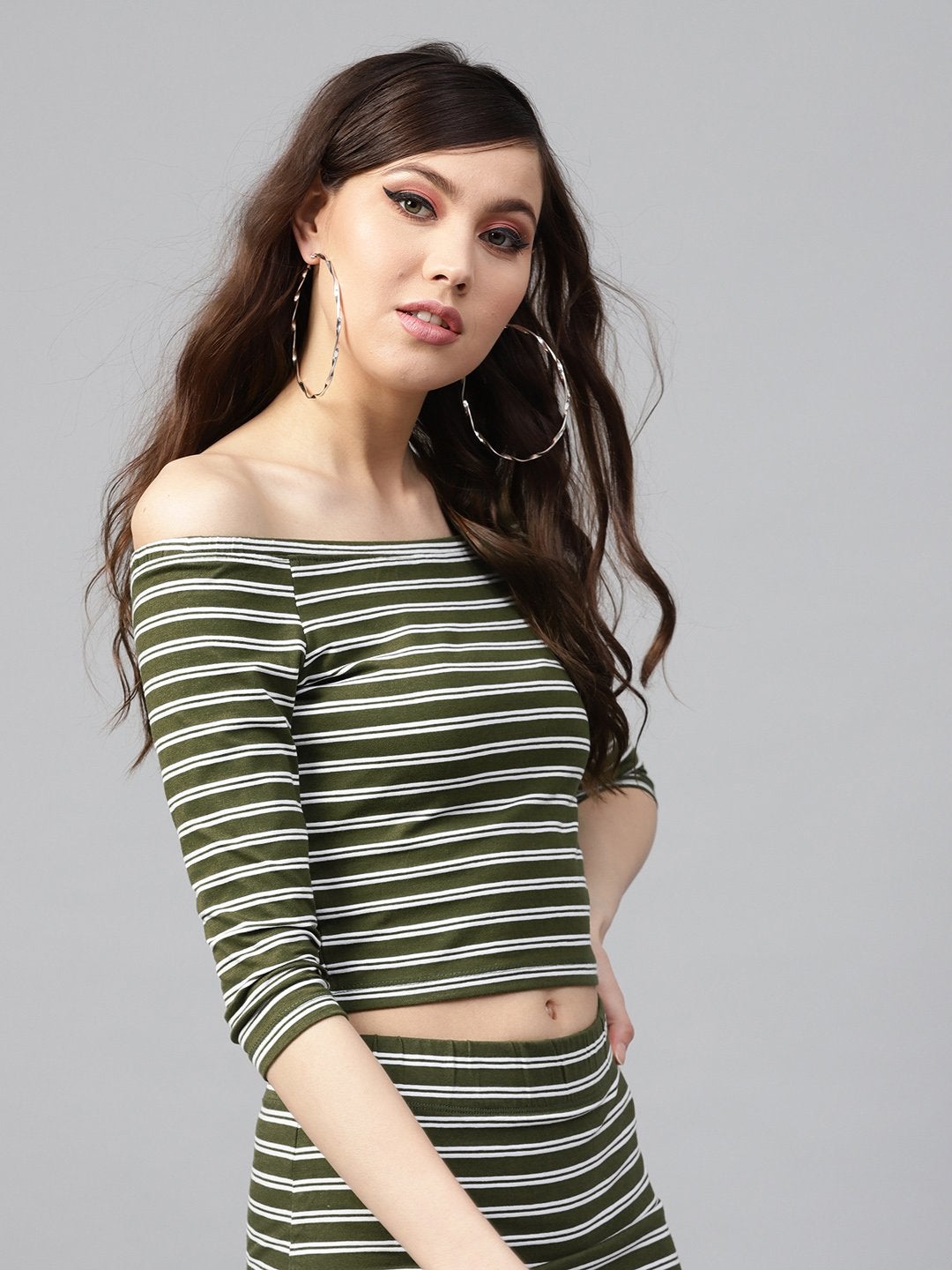 Women's Olive White Stripe Bardot Crop Top