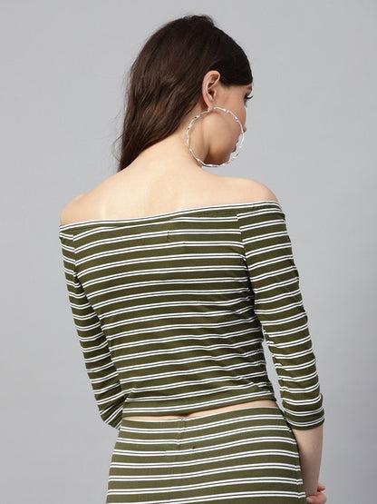 Women's Olive White Stripe Bardot Crop Top