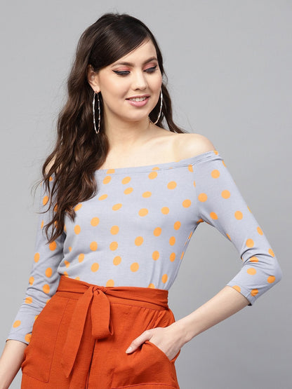 Women's Grey Yellow Polka Bardot Crop Top