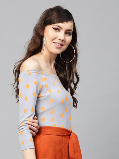 Women's Grey Yellow Polka Bardot Crop Top