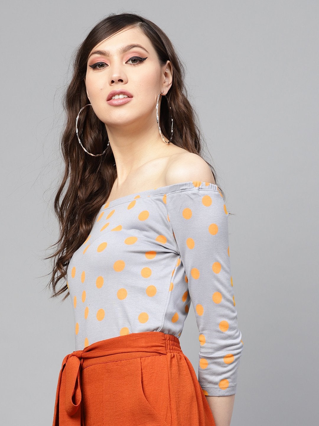 Women's Grey Yellow Polka Bardot Crop Top