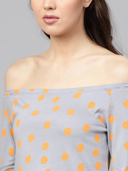 Women's Grey Yellow Polka Bardot Crop Top