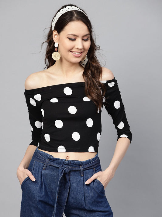 Women's Black & White Polka Bardot Crop Top