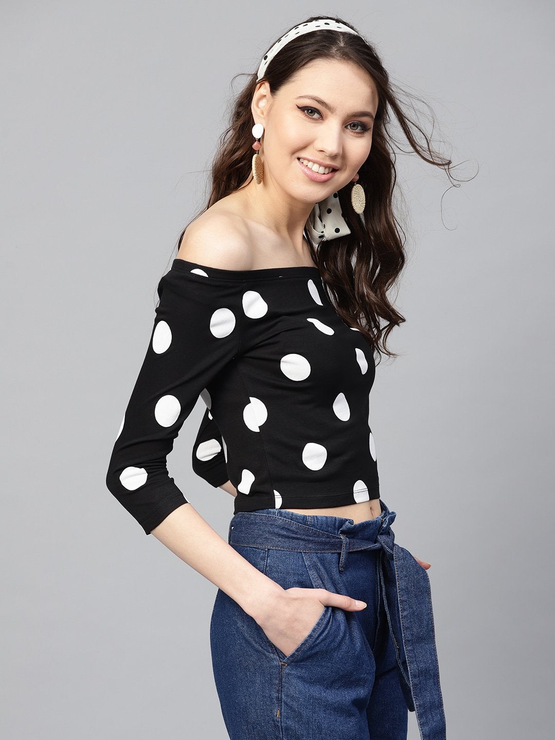 Women's Black & White Polka Bardot Crop Top