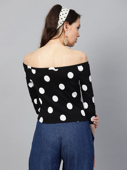 Women's Black & White Polka Bardot Crop Top