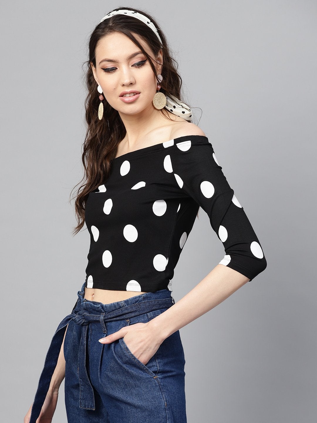 Women's Black & White Polka Bardot Crop Top