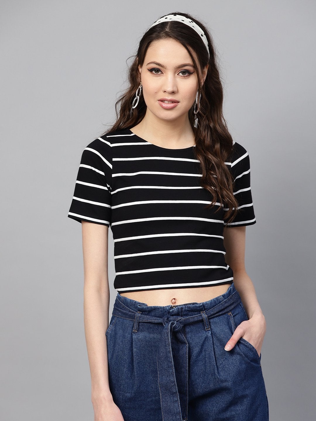 Women's Black White Stripe Crop Top