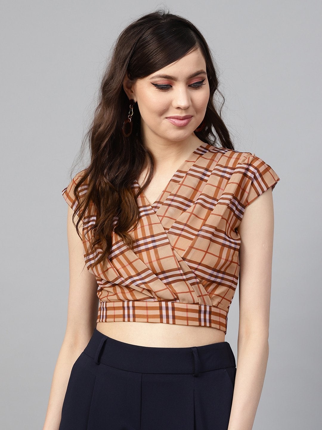 Women's Brown Check Pleated Front Crop Top