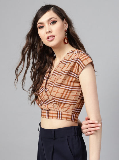 Women's Brown Check Pleated Front Crop Top