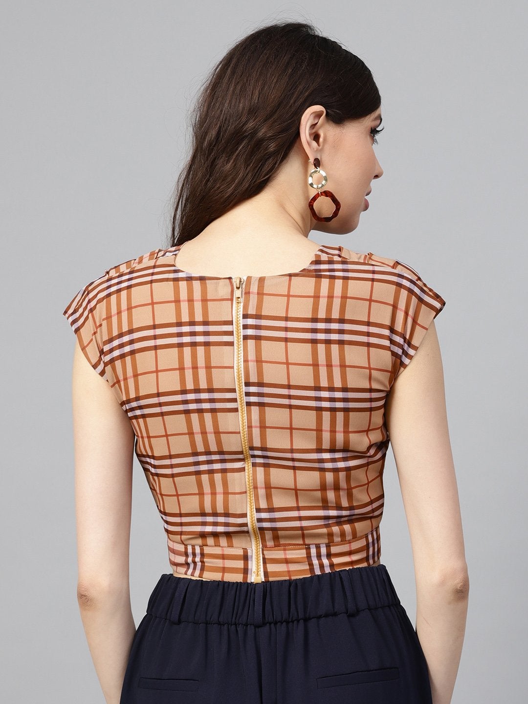Women's Brown Check Pleated Front Crop Top