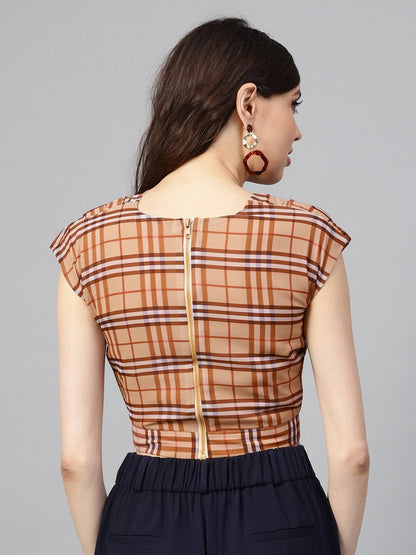 Women's Brown Check Pleated Front Crop Top